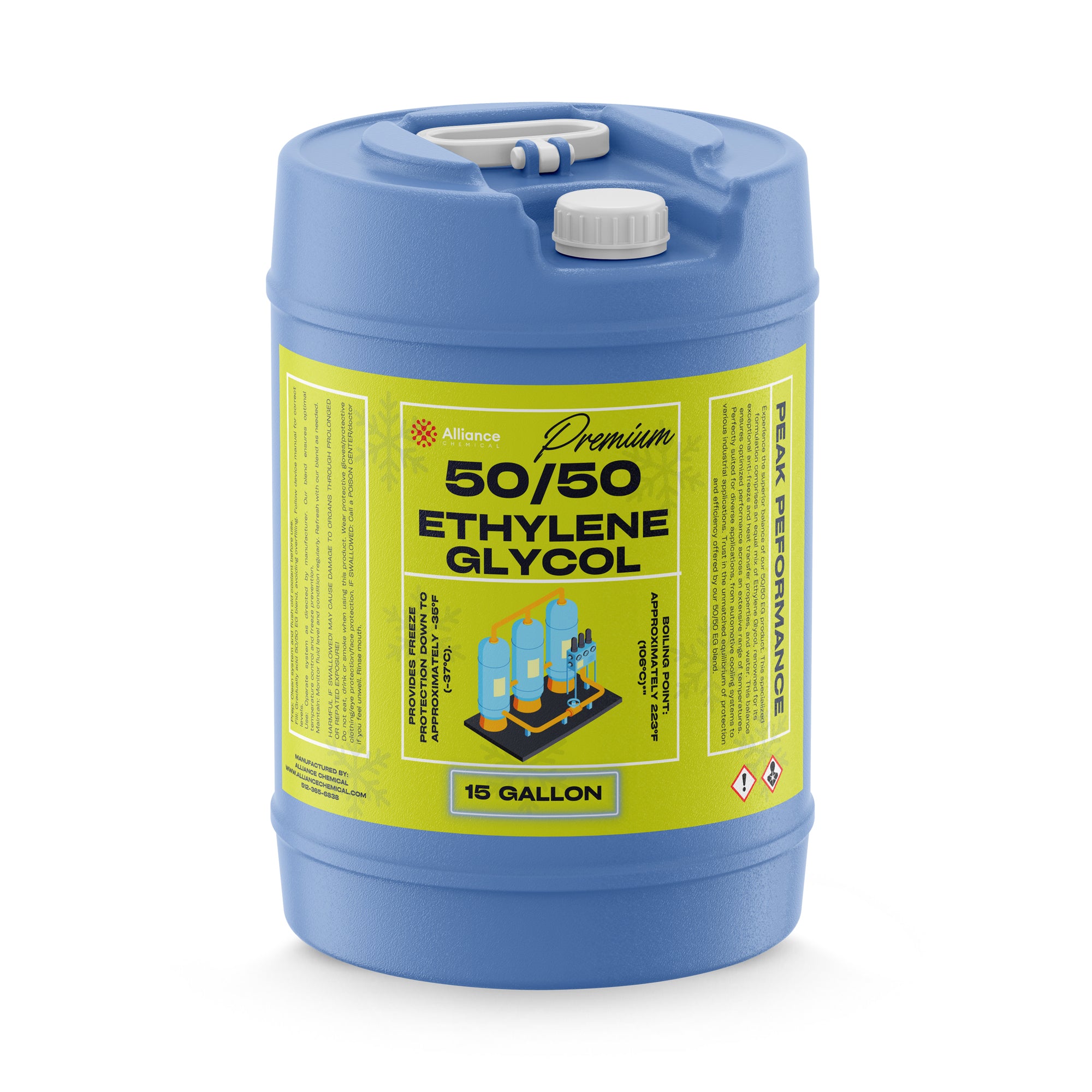 15-gallon blue HDPE carboy of Alliance Premium 50/50 Ethylene Glycol with hazard warning symbols, white cap, and lime-green label.